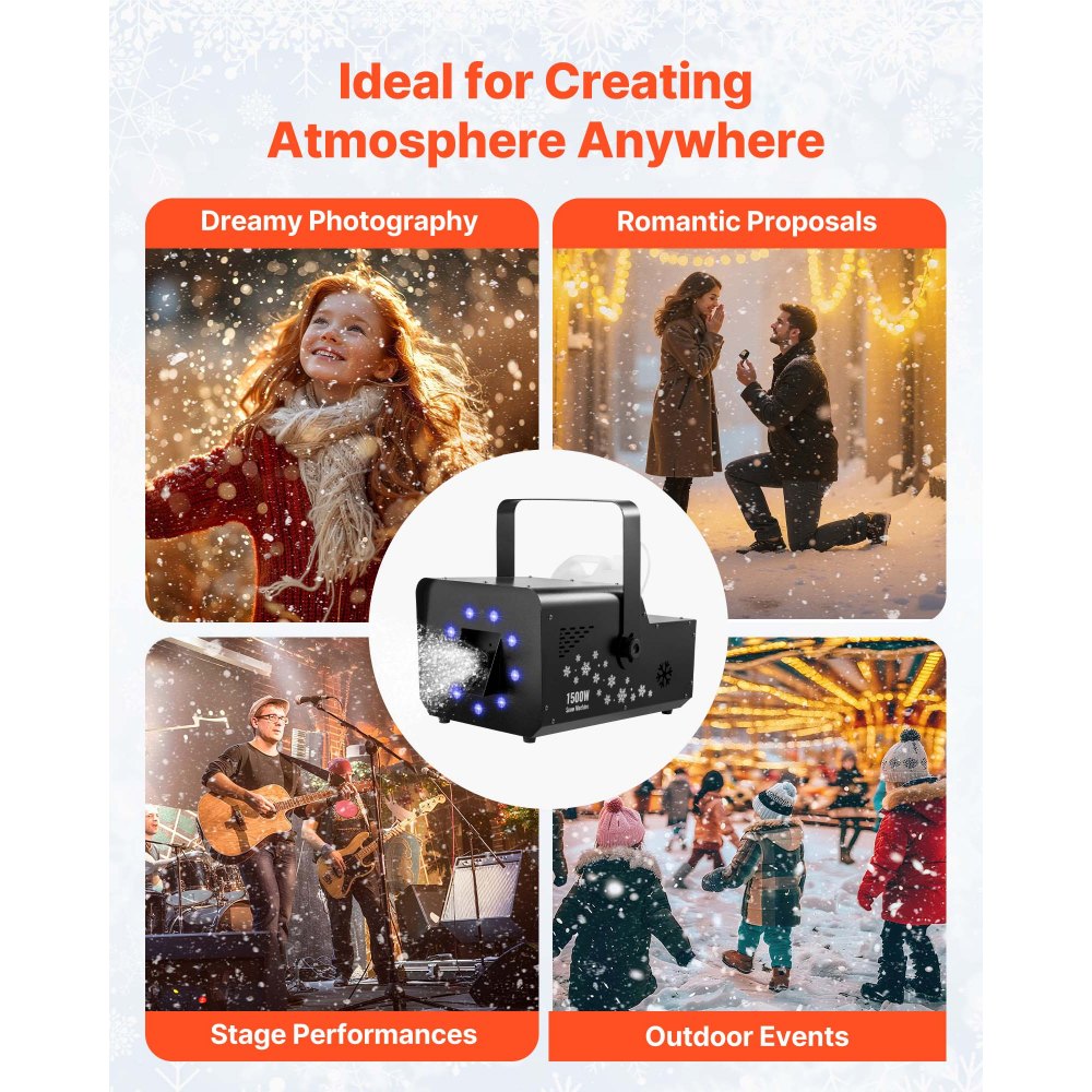 VEVOR 1500W Snow Machine with RGB DMX512 Signal Control, 9 LED Lights, Wireless Remote, High Output Snowflake Machine with 5L Tank, Portable DJ Stage Snow Maker for Christmas Parties Stage Effects
