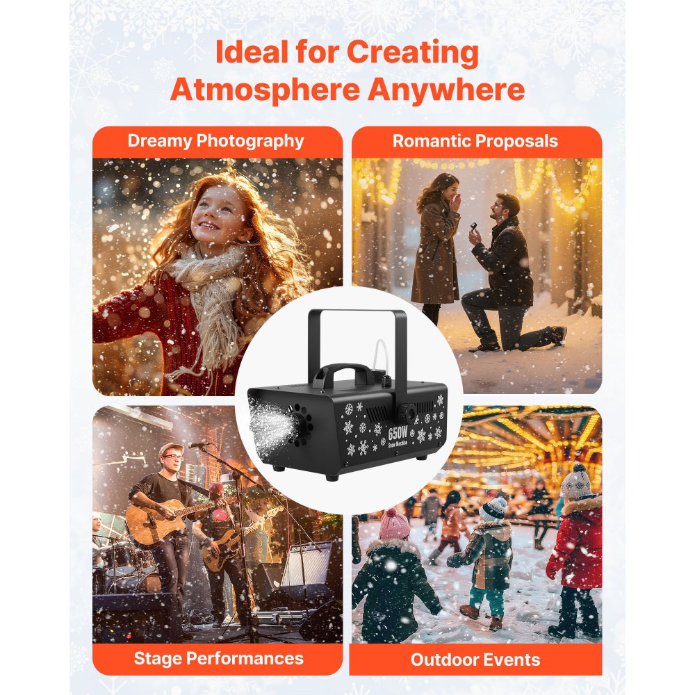 VEVOR Snow Machine, 650W Handheld/Hanging Fake Snow Maker, Snowmaking Machine with Portable Handle, Outdoor & Indoor Artificial Snowflake Maker for DJ Stage Parties Christmas Decor