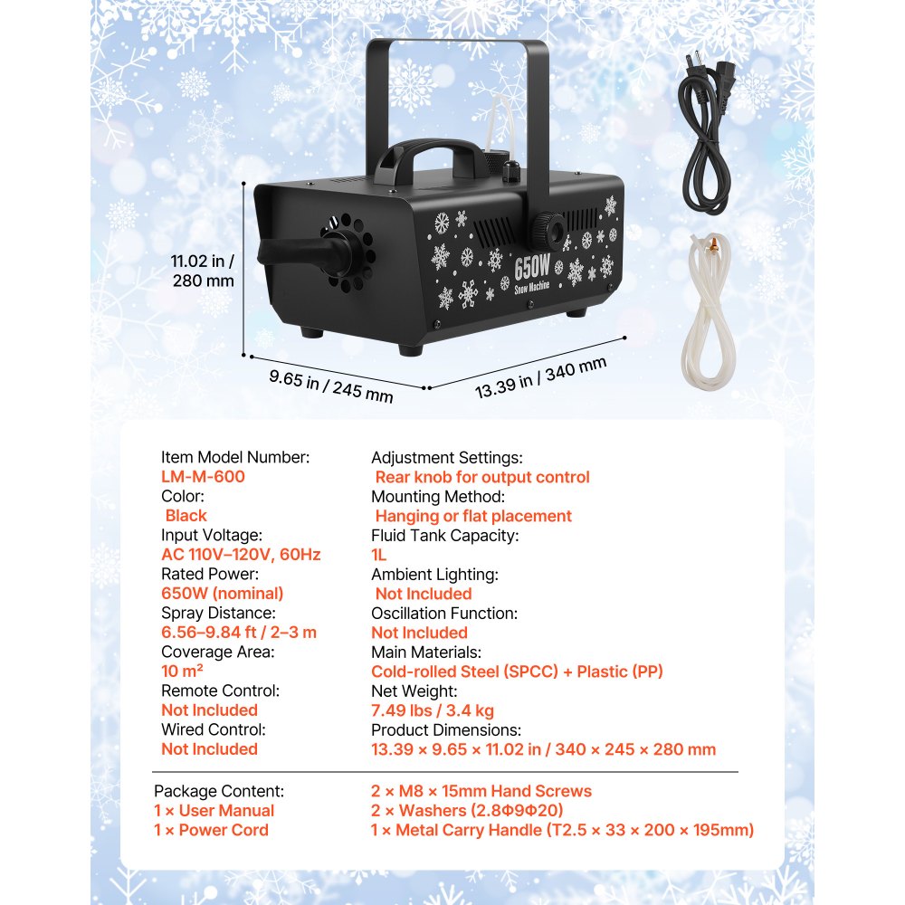 VEVOR Snow Machine, 650W Handheld/Hanging Fake Snow Maker, Snowmaking Machine with Portable Handle, Outdoor & Indoor Artificial Snowflake Maker for DJ Stage Parties Christmas Decor