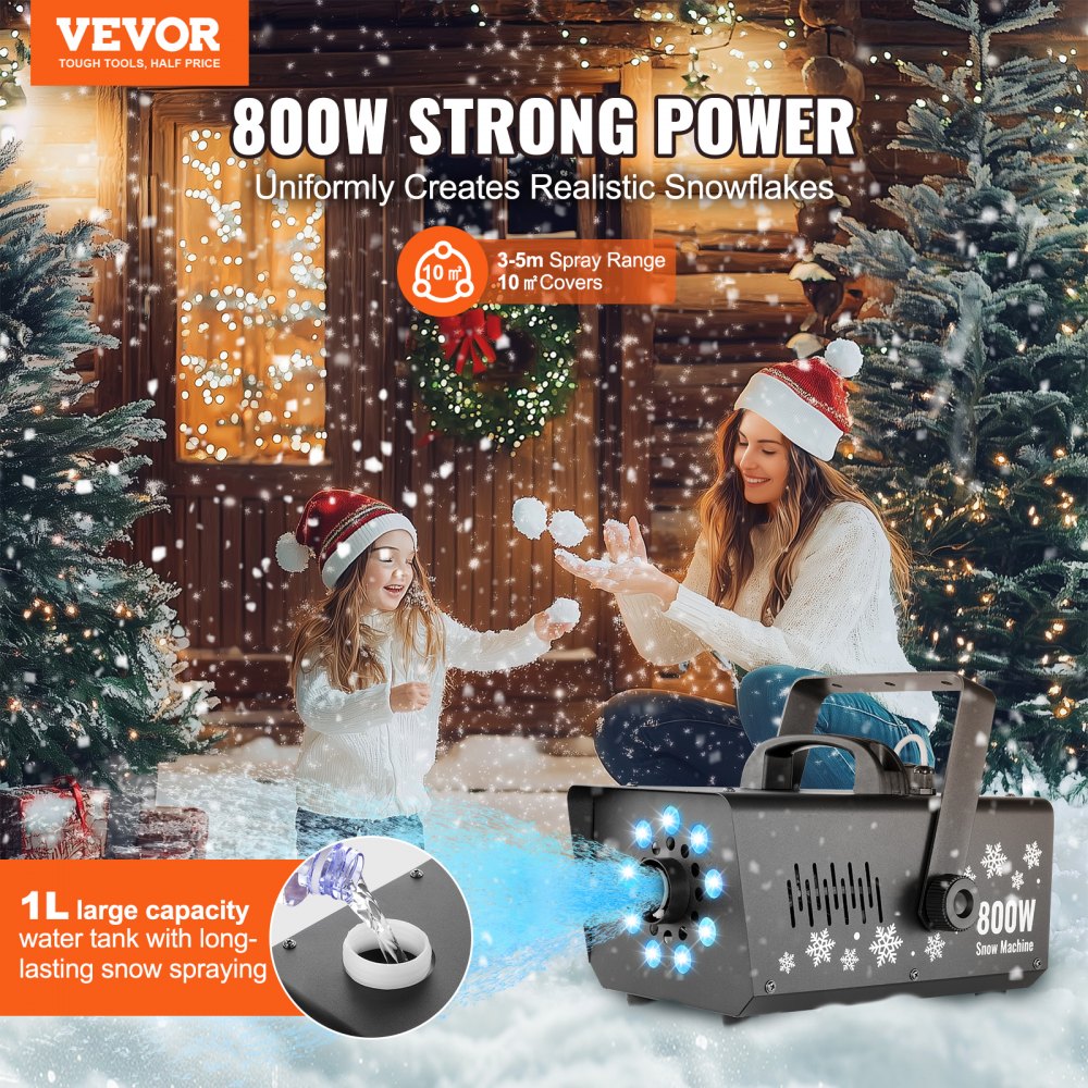 VEVOR Snow Machine, 800W Snow Making Machine with 8 LED RGB Lights and Remote Control, High Output Snowflake Maker Stage Snow Effect for Christmas, Halloween, Wedding, DJ Parties and Valentine's Day