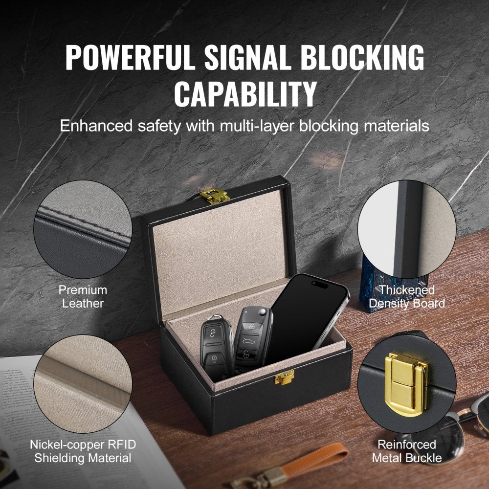 VEVOR Faraday Box, PU Leather Signal Blocking Holde, Keyless Fob Protector Shielding for WiFi, RFID, GPS, Bluetooth & 5G, Anti-Theft Box and Anti-Hacking Case Blocker, Black(5.9 x 4.5 x 2.9")