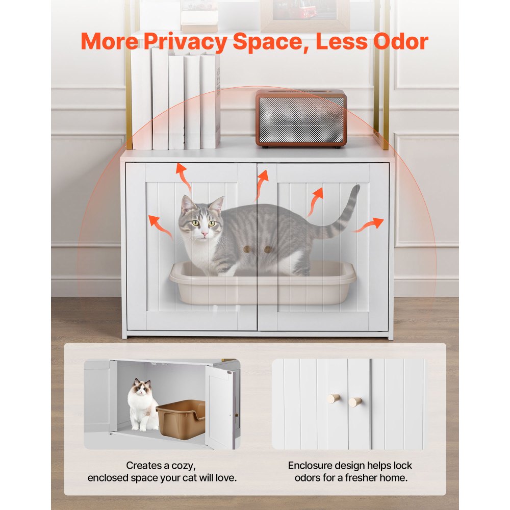 VEVOR Cat Litter Box Enclosure Furniture, 27.6 in Hidden Litter Box Cabinet with Metal Legs & 2-Tier Storage Shelves, Waterproof Cat Washroom Cat House, Fit Most of Litterbox, for Living Room
