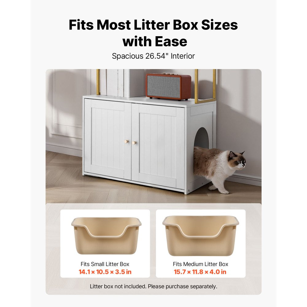 VEVOR Cat Litter Box Enclosure Furniture, 27.6 in Hidden Litter Box Cabinet with Metal Legs & 2-Tier Storage Shelves, Waterproof Cat Washroom Cat House, Fit Most of Litterbox, for Living Room