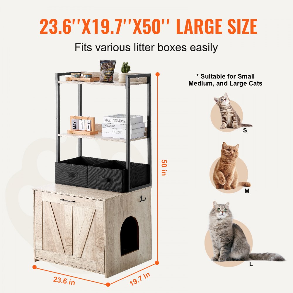 VEVOR Cat Litter Box Enclosure, Hidden Litter Box Furniture with 2 Storage Shelves & 2 Baskets, Wooden Cat Washroom Indoor, Cat House Cabinet Fit Most of Litter Box, 23.6"L x 19.7"W x 50"H, Natural