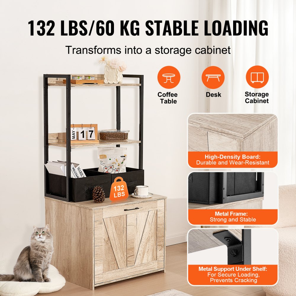 VEVOR Cat Litter Box Enclosure, Hidden Litter Box Furniture with 2 Storage Shelves & 2 Baskets, Wooden Cat Washroom Indoor, Cat House Cabinet Fit Most of Litter Box, 23.6"L x 19.7"W x 50"H, Natural