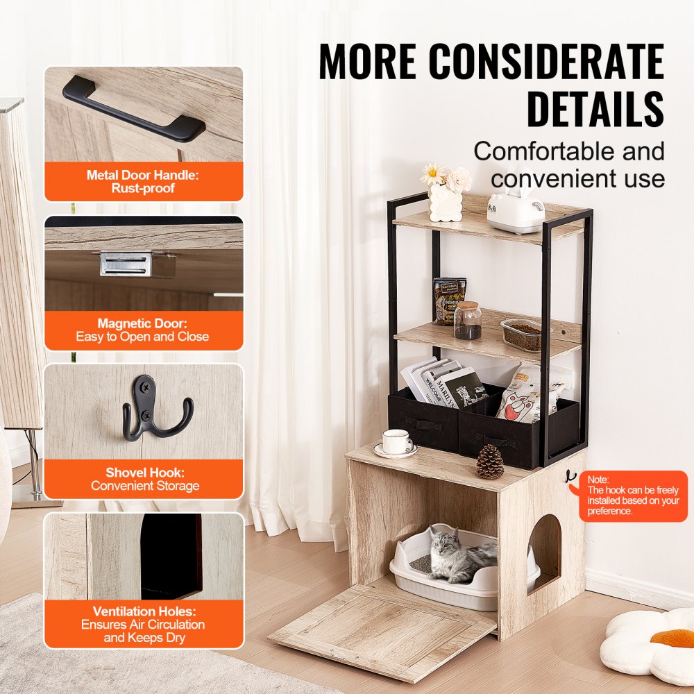VEVOR Cat Litter Box Enclosure, Hidden Litter Box Furniture with 2 Storage Shelves & 2 Baskets, Wooden Cat Washroom Indoor, Cat House Cabinet Fit Most of Litter Box, 23.6"L x 19.7"W x 50"H, Natural