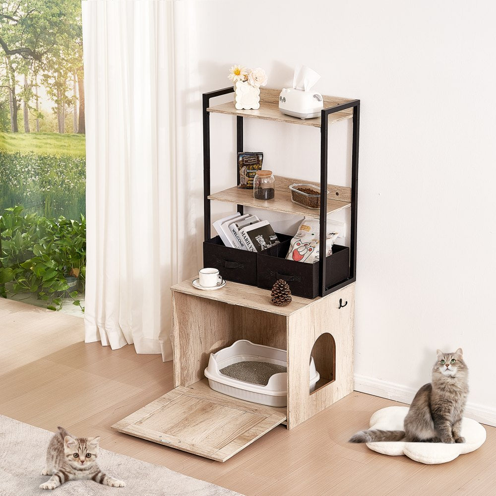VEVOR Cat Litter Box Enclosure, Hidden Litter Box Furniture with 2 Storage Shelves & 2 Baskets, Wooden Cat Washroom Indoor, Cat House Cabinet Fit Most of Litter Box, 23.6"L x 19.7"W x 50"H, Natural