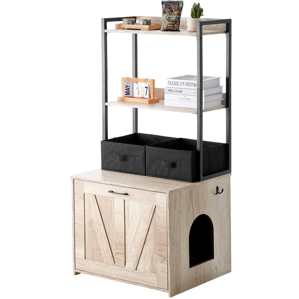 VEVOR Cat Litter Box Enclosure, Hidden Litter Box Furniture with 2 Storage Shelves & 2 Baskets, Wooden Cat Washroom Indoor, Cat House Cabinet Fit Most of Litter Box, 23.6"L x 19.7"W x 50"H, Natural