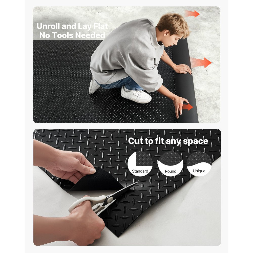 VEVOR Garage Floor Roll, 4 x 25 ft Garage Flooring Mat, 3 mm Thickened Rubber Diamond Plate Floor Protector Mat, Non-Slip, Wear-resist, Waterproof, Easy to Clean for Warehouse, Gyms,Trailer, Black