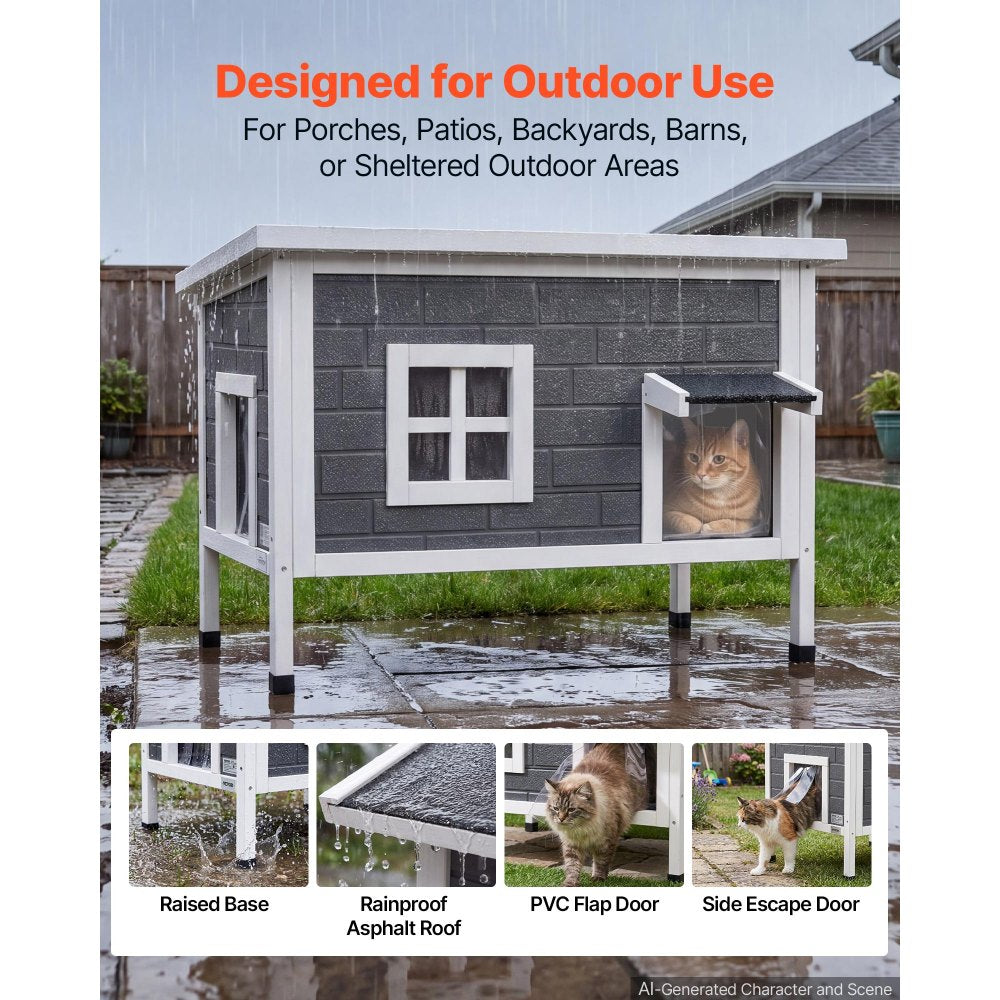 VEVOR Heated Outdoor Cat House for 1-3 Cats Feral Shelter with Heating Pad, for Outside Winter, Large Weatherproof Windproof Insulated Wooden Home, Waterproof Asphalt Roof, Escape Door & PVC Curtain