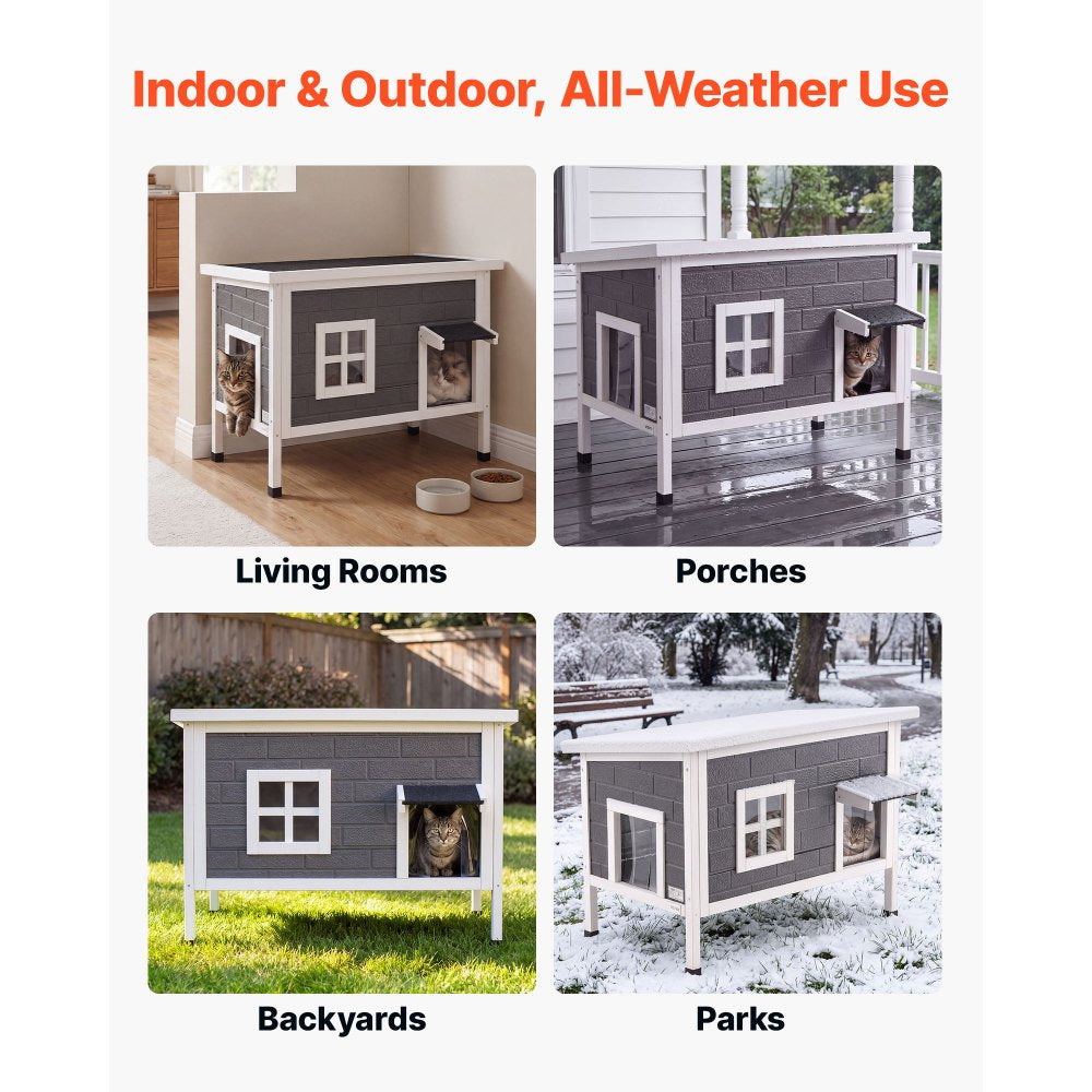 VEVOR Heated Outdoor Cat House for 1-3 Cats Feral Shelter with Heating Pad, for Outside Winter, Large Weatherproof Windproof Insulated Wooden Home, Waterproof Asphalt Roof, Escape Door & PVC Curtain