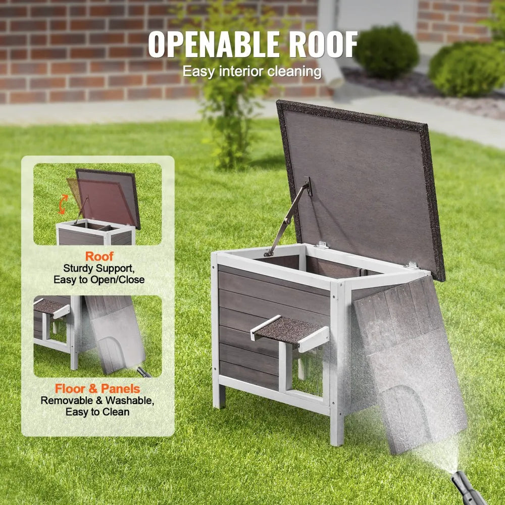 VEVOR Outdoor Cat House Weatherproof, Feral Cat Shelter for Multiple Cats, Outdoor Wooden Cat Rabbit House with All-Round Foam Insulated, Open Roof, PVC Door Flaps, 24"L x 20"W x 21"H