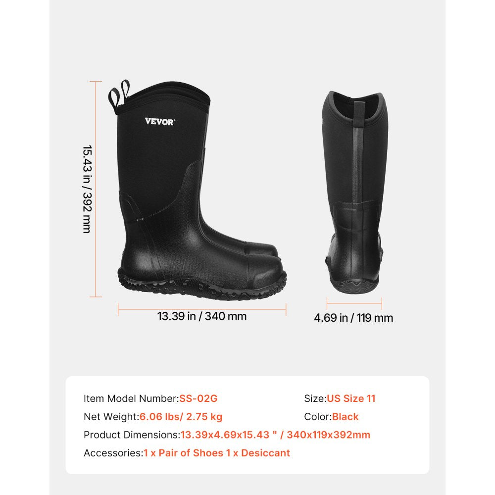 VEVOR Men's Steel Toe Rubber Boots, Protective Footwear, Waterproof Rain Fishing Boots, Outdoor Non-Slip Work Shoes, Lightweight and Durable, for Manufacturing, Construction, Farming, Size 11 US