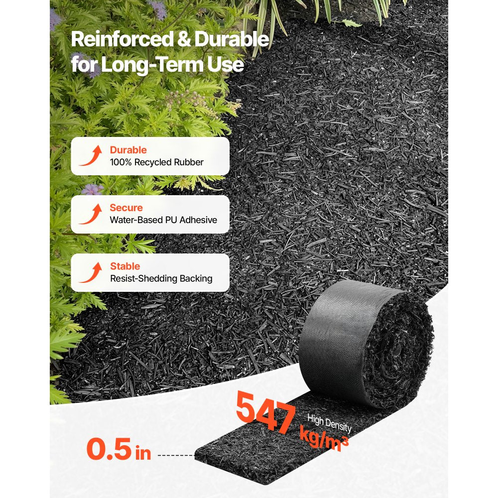 VEVOR Rubber Mulch Mat Roll, 6 Rolls 120 x 4.5 in, Recycled Rubber Permanent Mulch Edging Border, Natural-Looking Flower Barrier with Stakes, 0.5 in Thick Cuttable Garden Edgings for Landscaping
