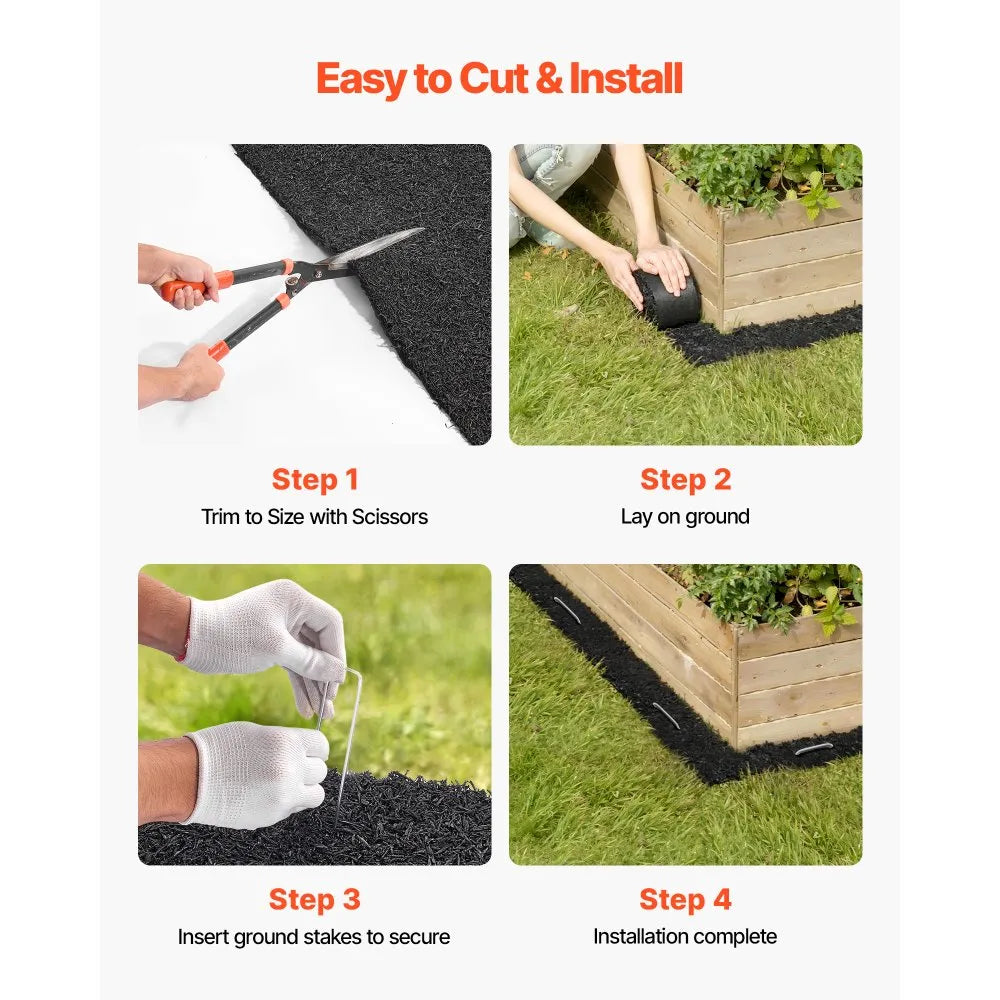 VEVOR Rubber Mulch Mat Roll, 4 Rolls 120 x 4.5 in, Recycled Rubber Permanent Mulch Edging Border, Natural-Looking Flower Barrier with Stakes, 0.5 in Thick Cuttable Garden Edgings for Landscaping