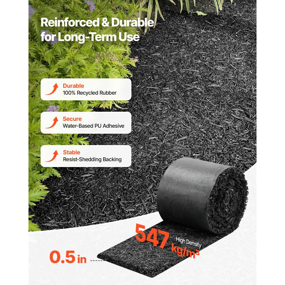 VEVOR Rubber Mulch Mat Roll, 140 x 4.5 in, Recycled Rubber Permanent Mulch Edging Border, Natural-Looking Flower Barrier with Stakes, 0.5 in Thick Cuttable Garden Edgings for Landscaping