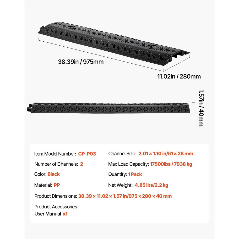 VEVOR Drop Over Cable Cover, 17,500 lbs/Axle Load Capacity, Heavy Duty Cable Hose Protector Ramp, Floor Cord Cover, for High Walking Traffic Areas, Indoor, Outdoor, Home, Office, Warehouse, 1 Pack