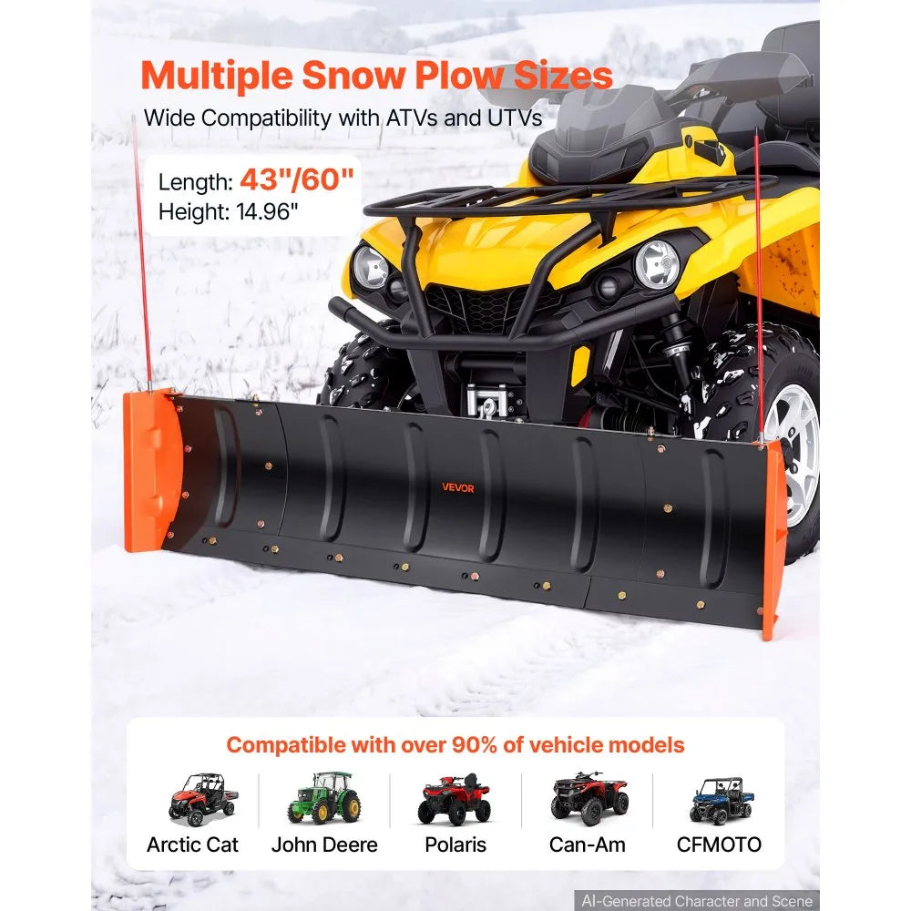 VEVOR Snow Plow Kit 43 in/60 in Width Adjustable Plow Attachment Side Wings, for Most ATVs & UTVs, Height & Left-Right Adjustable, 3 Mount Options, Universal Steel ATV Scrape Blade, Efficient Clearing