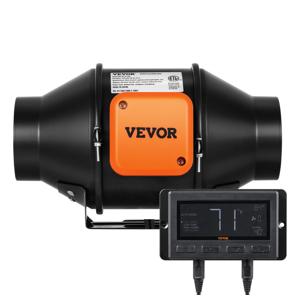 VEVOR Inline Duct Fan, 4-Inch 205 CFM Quiet EC-motor Ventilation Exhaust Fan, with Temperature Humidity Controller for Cooling Booster, Grow Tents, Hydroponics