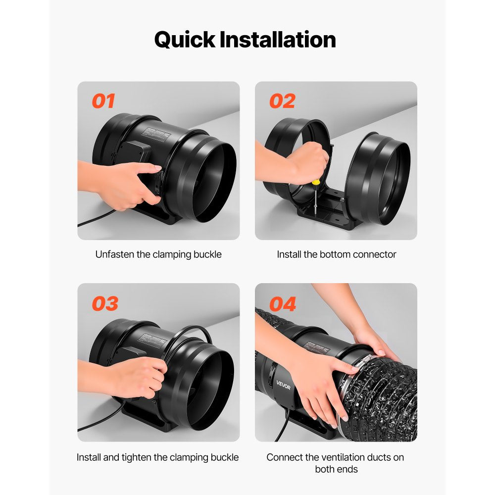 VEVOR 8" Inline Duct Fan, 720 CFM Ventilation Exhaust Fan Quiet AC Motor for Heating Cooling Booster, Grow Tents, Hydroponics