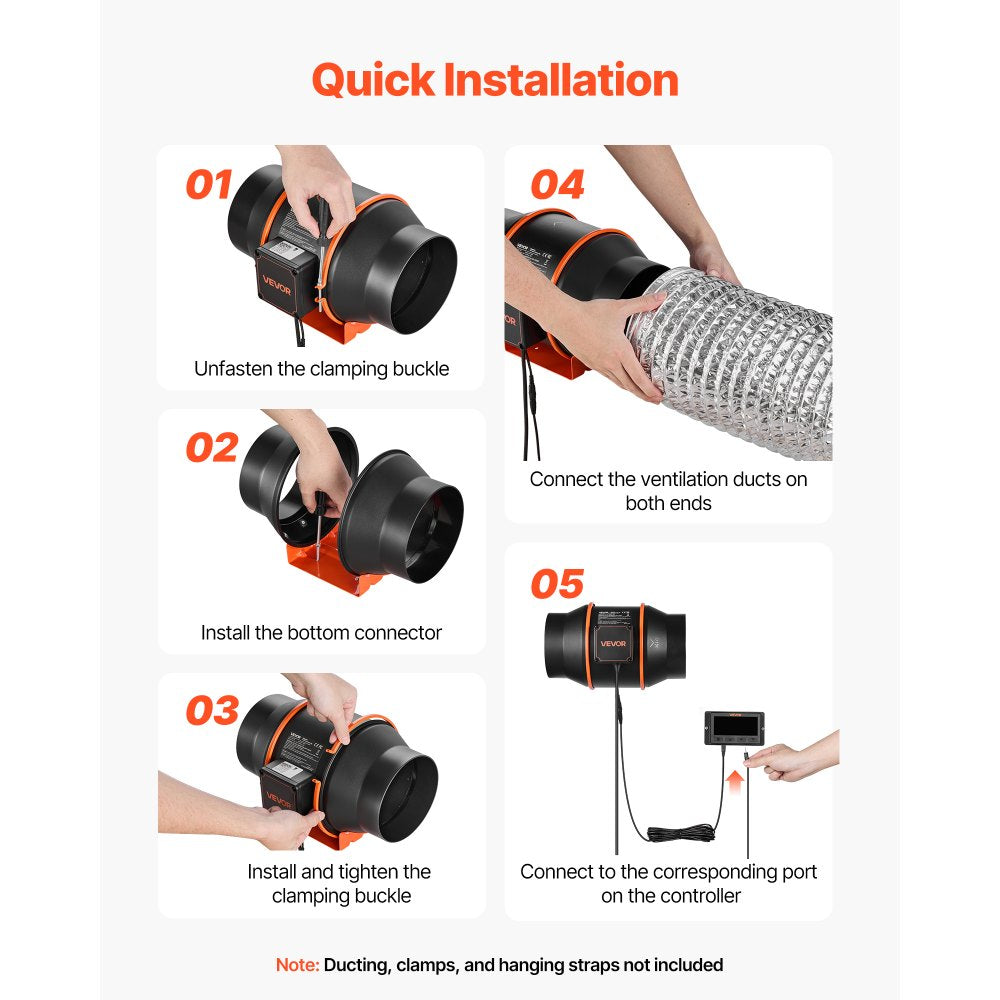 VEVOR Inline Duct Fan, 402 CFM 6 inch EC Motor Exhaust Ventilation Fan with 10-Speed, PWM Controller, App Control, Temperature Humidity Sensor, Cooling for Grow Tent, Indoor Gardening, Hydroponics