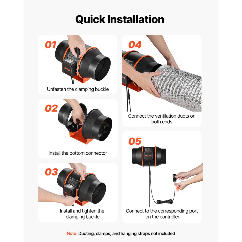 VEVOR Inline Duct Fan, 402 CFM 6 inch EC Motor Ventilation Fan with 3-Speed Circulation, 10-Speed PWM Controller, Timer-Controlled Operation, Cooling for Grow Tents, Indoor Gardening, Hydroponics