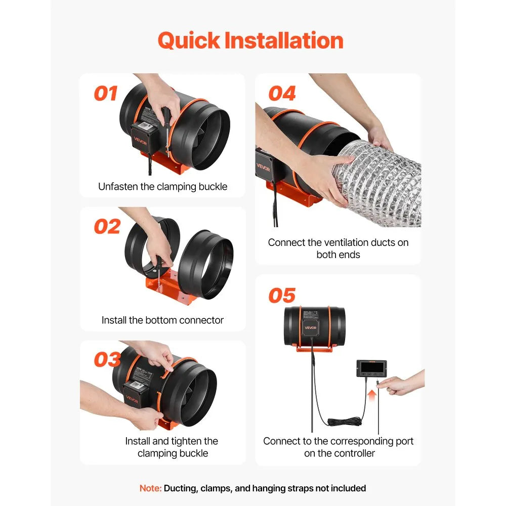 VEVOR Inline Duct Fan, 807 CFM 8 inch EC Motor Exhaust Ventilation Fan with 10-Speed, PWM Controller, App Control, Temperature Humidity Sensor, Cooling for Grow Tent, Indoor Gardening, Hydroponics