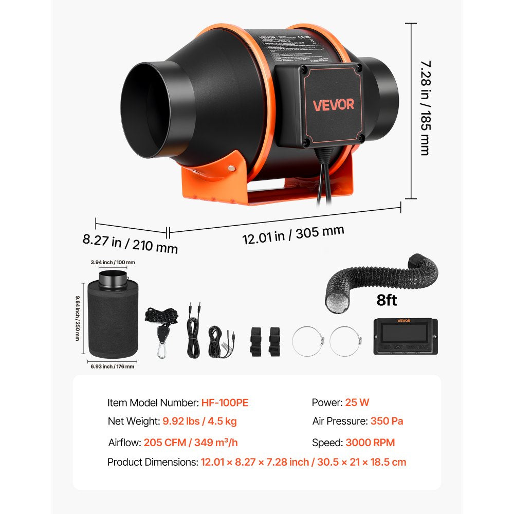 VEVOR Inline Duct Fan Kit Carbon Filter, 205 CFM 4 inch EC Motor Exhaust Ventilation Fan with 10-Speed, PWM Controller, App Control, Timer, Cooling System for Grow Tent, Indoor Gardening, Hydroponics