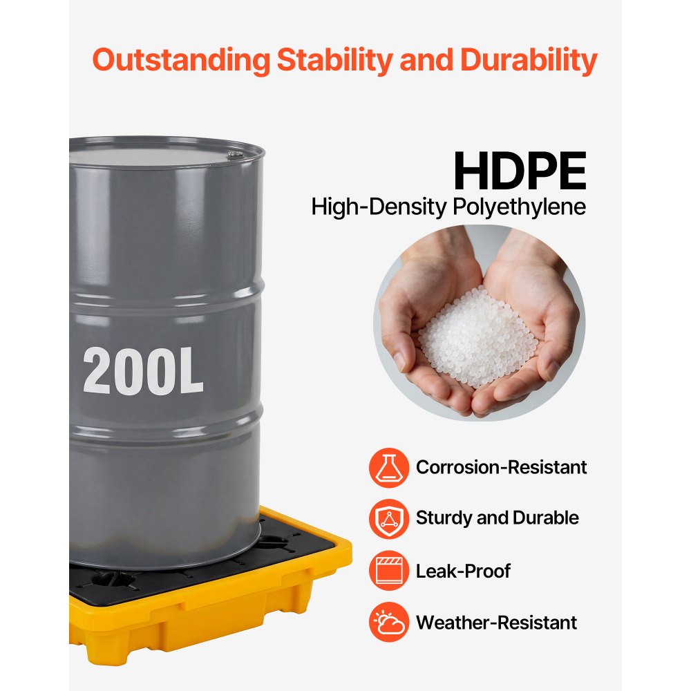 VEVOR Spill Containment Pallet, 1 Drum Low Profile Spill Containment Modular Platform, 11.4 Gallon Sump, 1543 lbs Load Capacity, Heavy-Duty Polyethylene Tray with Drain, 26.4" x 26.6" x 5.9", Yellow