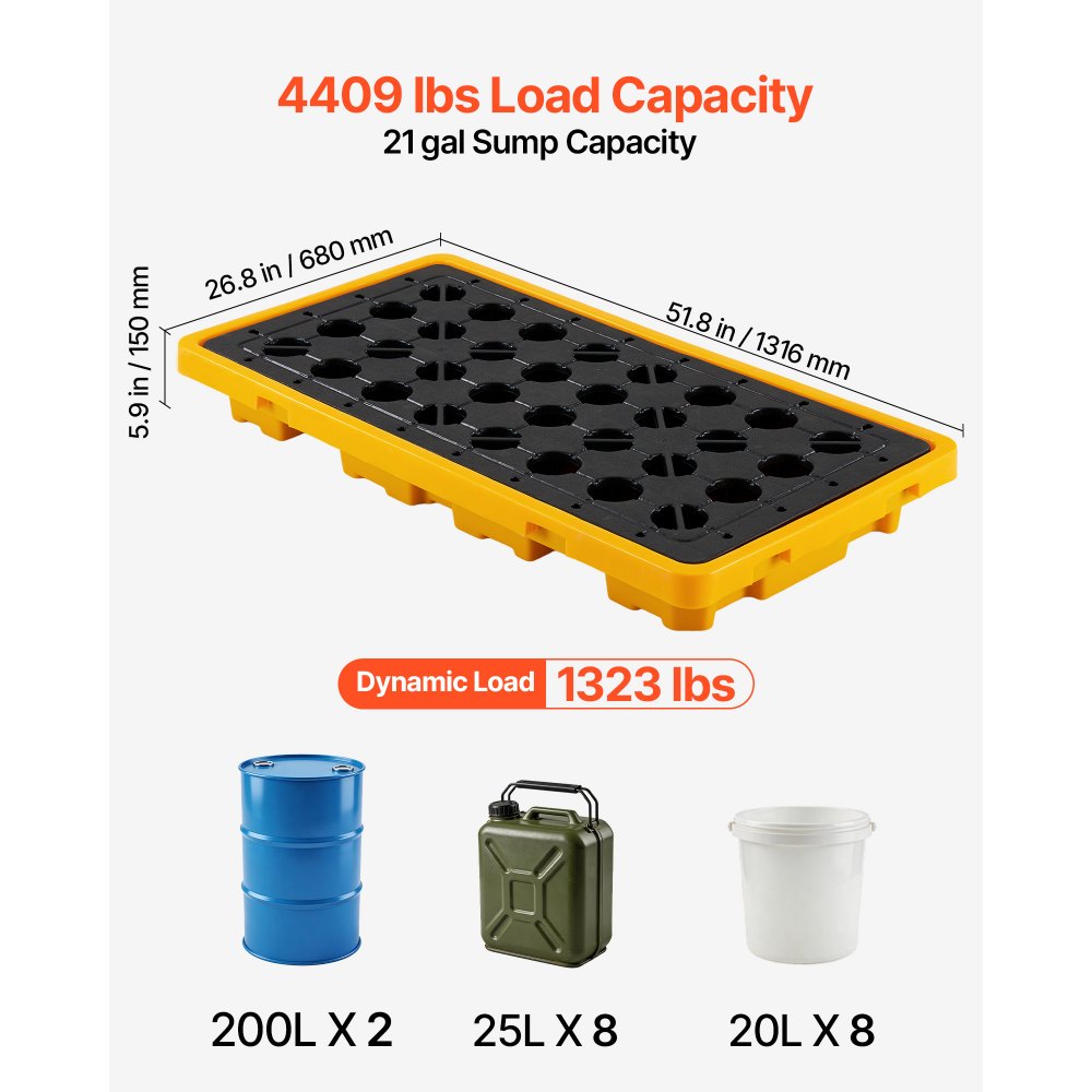 VEVOR Spill Containment Pallet, 2 Drum Low Profile Spill Containment Modular Platform, 21 Gallon Sump, 4409 lbs Load Capacity, Heavy-Duty Polyethylene Tray with Drain, 51.8" x 26.8" x 5.9", Yellow