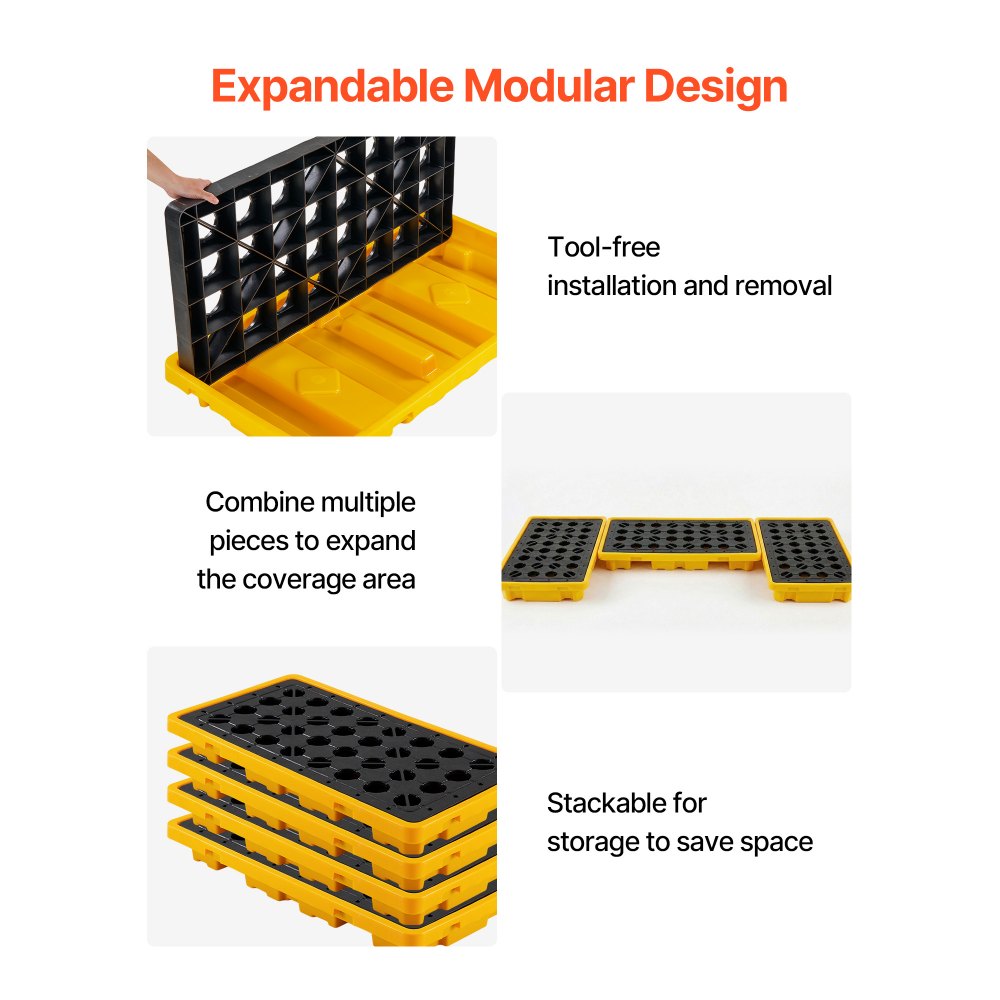 VEVOR Spill Containment Pallet, 2 Drum Low Profile Spill Containment Modular Platform, 21 Gallon Sump, 4409 lbs Load Capacity, Heavy-Duty Polyethylene Tray with Drain, 51.8" x 26.8" x 5.9", Yellow
