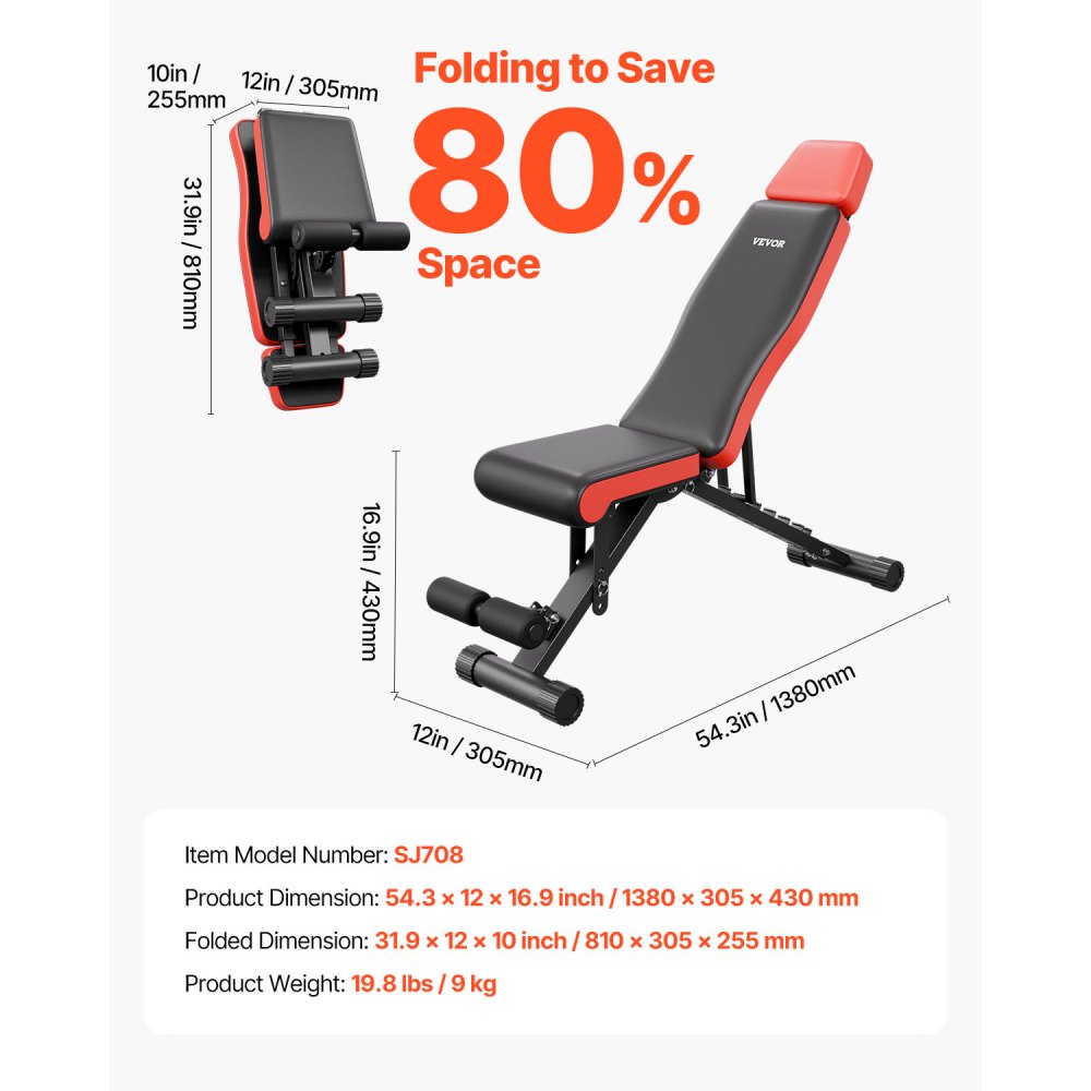 VEVOR Weight Bench, 660lbs Adjustable Weight Bench Press for Full Body Workout, Exercise Sit up Bench for Home Gym Strength Training, Flat Bench with Extended Head/Neck Protection & Quick Folding