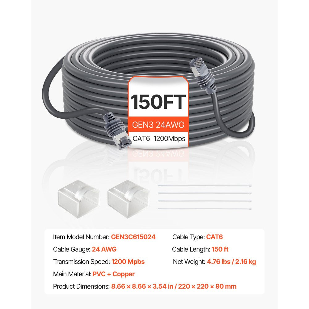 VEVOR Starlink Gen 3 Cable, 150 FT, 24 AWG Copper Core, Durable Extension Cable for Standard Generation 3, Compatible with Starlink Rectangular Satellite V3, Flexible Wiring for RV, Backyard, Camping
