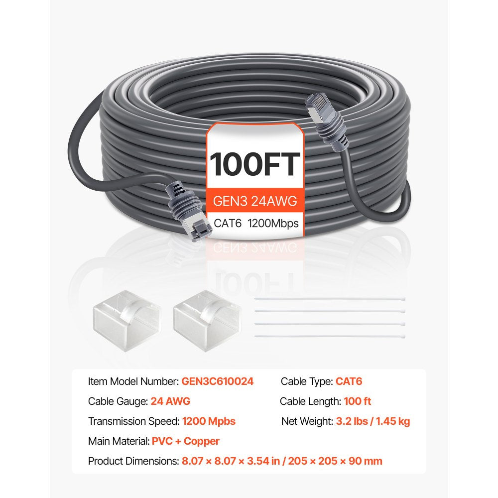 VEVOR Starlink Gen 3 Cable, 100 FT, 24 AWG Copper Core, Durable Extension Cable for Standard Generation 3, Compatible with Starlink Rectangular Satellite V3, Flexible Wiring for RV, Backyard, Camping