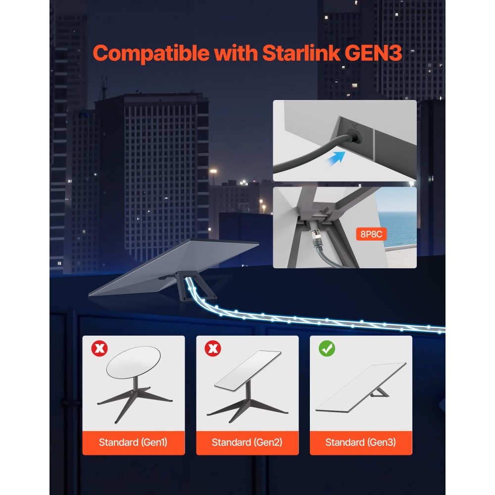VEVOR Starlink Gen 3 Cable, 150 FT, 26 AWG Copper Core, Durable Extension Cable for Standard Generation 3, Compatible with Starlink Rectangular Satellite V3, Flexible Wiring for RV, Backyard, Camping
