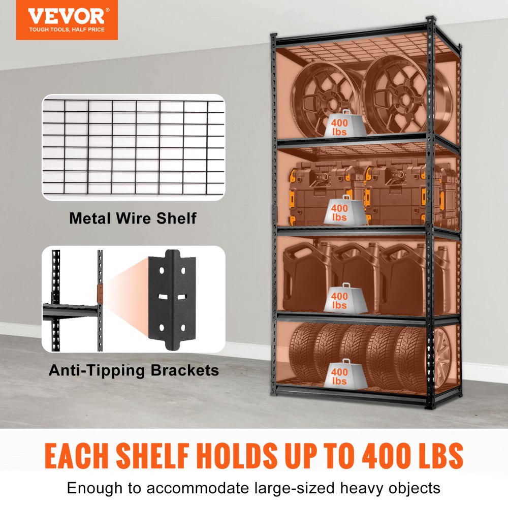 VEVOR Storage Shelving Unit, 5-Tier Adjustable, 2000 lbs Capacity, Heavy Duty Garage Shelves Metal Organizer Wire Rack, Black, 36" L x 16" W x 72" H for Kitchen Pantry Basement Bathroom Laundry Closet