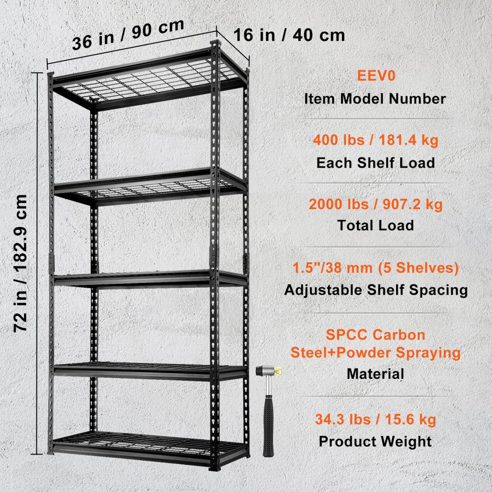 VEVOR Storage Shelving Unit, 5-Tier Adjustable, 2000 lbs Capacity, Heavy Duty Garage Shelves Metal Organizer Wire Rack, Black, 36" L x 16" W x 72" H for Kitchen Pantry Basement Bathroom Laundry Closet