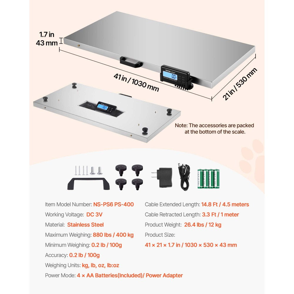 VEVOR Livestock Scale 700LBS, Dog Scales Large Platform 40.6x20.9Inch Stainless Steel Vet Scale Industrial Floor Scale Large Animal Scale Pig Scale Goat Weight Scale Pet Digital Scale