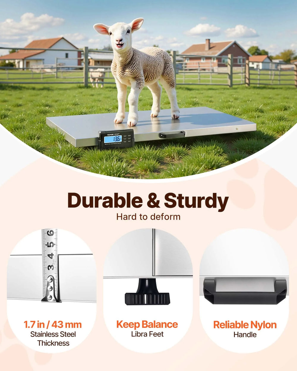 VEVOR Livestock Scale 700LBS, Dog Scales Large Platform 40.6x20.9Inch Stainless Steel Vet Scale Industrial Floor Scale Large Animal Scale Pig Scale Goat Weight Scale Pet Digital Scale