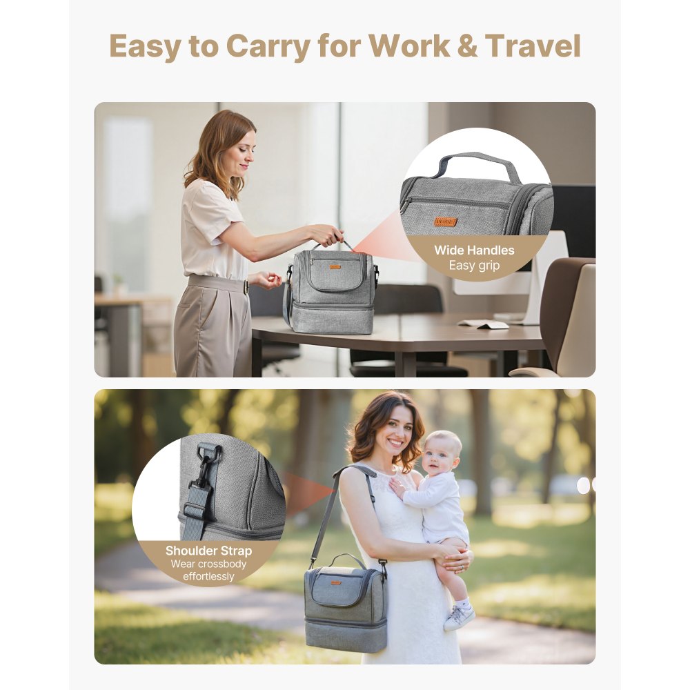 VEVOR Breast Pump Bag, Breast Feeding Bag with Ice Pack, Fits for S1/S2, Pumping Accessories & Breastmilk Storage, Portable Pump Carrying Case for Work, Travel and Family Use, Grey
