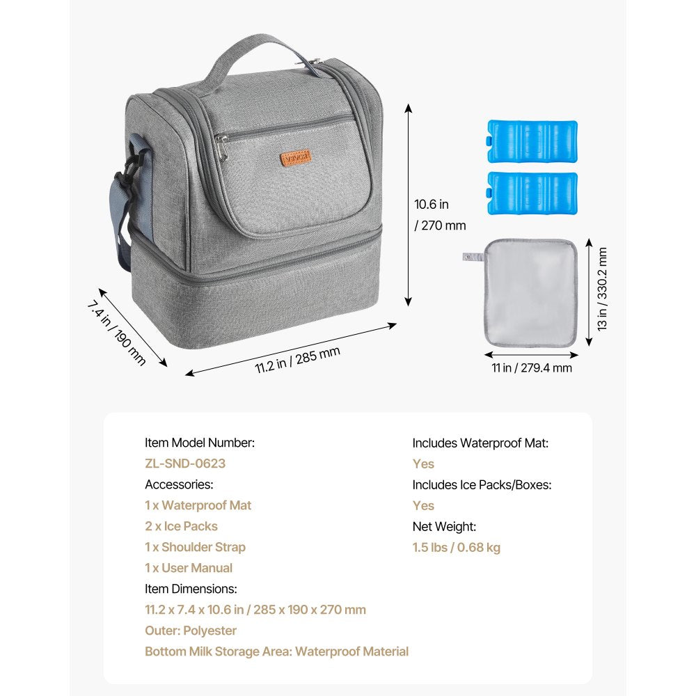 VEVOR Breast Pump Bag, Breast Feeding Bag with Ice Pack, Fits for S1/S2, Pumping Accessories & Breastmilk Storage, Portable Pump Carrying Case for Work, Travel and Family Use, Grey