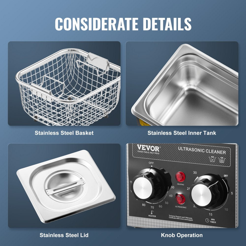 VEVOR 2L Ultrasonic Cleaner with Heater Timer & Basket, Professional Digital Sonic Cavitation Machine, 60W Cleaning Machine for Watch Instruments, Glasses, Coin, Metal Parts, Tool