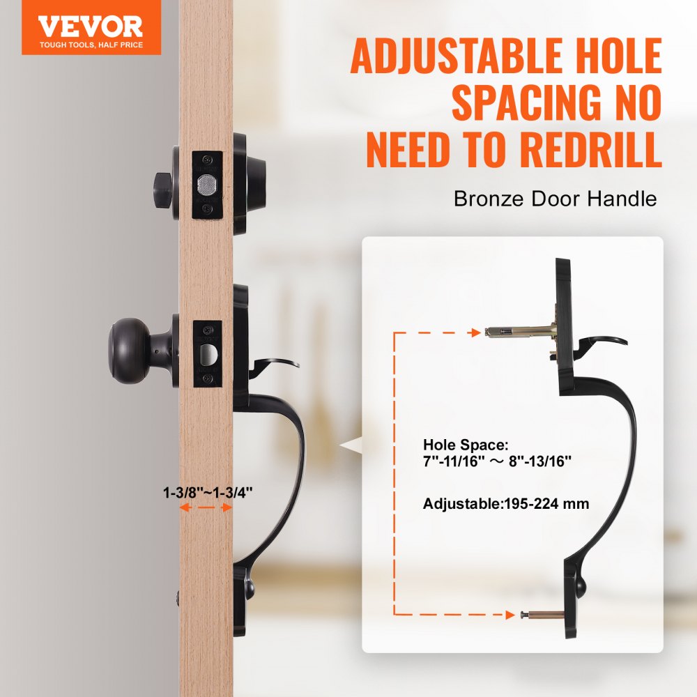 VEVOR Front Door Handle and Deadbolt Set, Front Door Lock Set with Interior Knob, Adjustable Hole Spacing Single Cylinder Handleset, for Right and Left Handed Entrance, Brushed Oil Rubbed Bronze