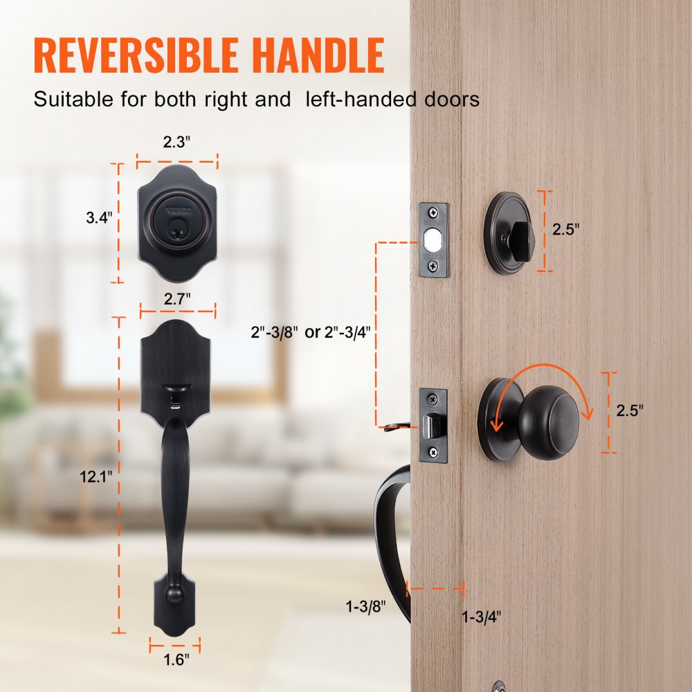 VEVOR Front Door Handle and Deadbolt Set, Front Door Lock Set with Interior Knob, Adjustable Hole Spacing Single Cylinder Handleset, for Right and Left Handed Entrance, Brushed Oil Rubbed Bronze
