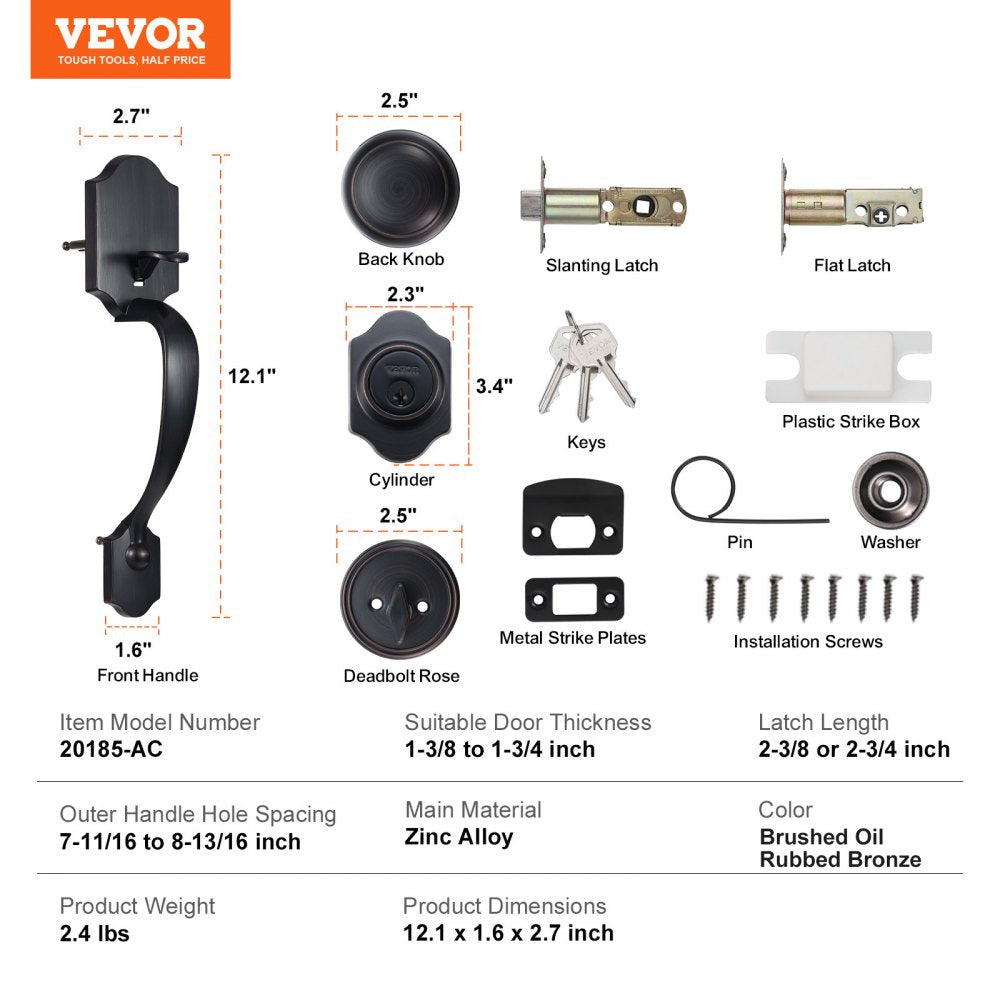 VEVOR Front Door Handle and Deadbolt Set, Front Door Lock Set with Interior Knob, Adjustable Hole Spacing Single Cylinder Handleset, for Right and Left Handed Entrance, Brushed Oil Rubbed Bronze