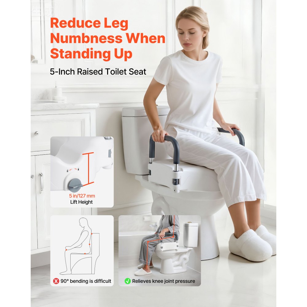 VEVOR Raised Toilet Seat with Arms, 300 lbs Load Capacity, 5-Inch Lift Height, Widened Commode Elevated Toilet Seat Riser with Padded Handles for Seniors, Elderly, Handicap, Disabled, and Adults Use