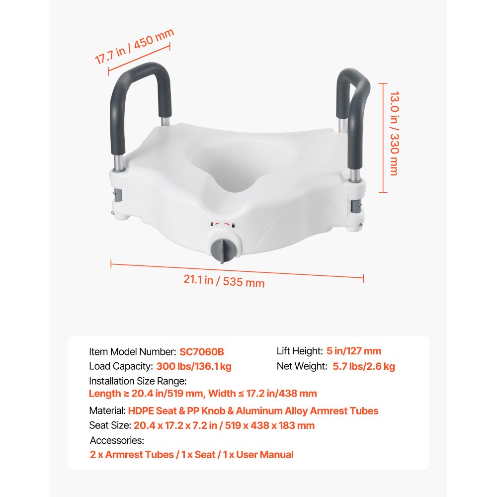 VEVOR Raised Toilet Seat with Arms, 300 lbs Load Capacity, 5-Inch Lift Height, Widened Commode Elevated Toilet Seat Riser with Padded Handles for Seniors, Elderly, Handicap, Disabled, and Adults Use
