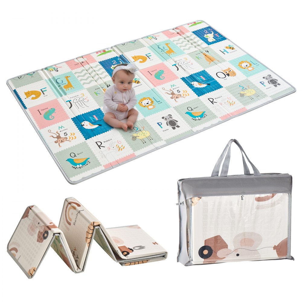 VEVOR Baby Play Mat, 51""x79"" Baby Crawling Mat, Non-Slip One-Piece Foam Baby Playmat, Foldable Portable Reversible Floor Mat with Travel Bag, Waterproof Activity Playmats for Babies, Toddlers, Infants