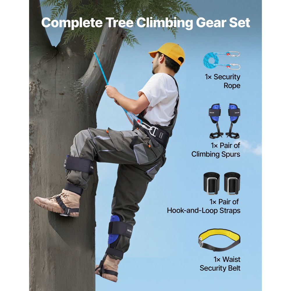 VEVOR Tree Climbing Spikes Set, Height-Adjustable Tree Climbing Gear with Straps & Waist Harness, 350 lbs Load Capacity, Heavy Duty Steel Climb Spurs Arborist Equipment for Fruit Picking Hunting
