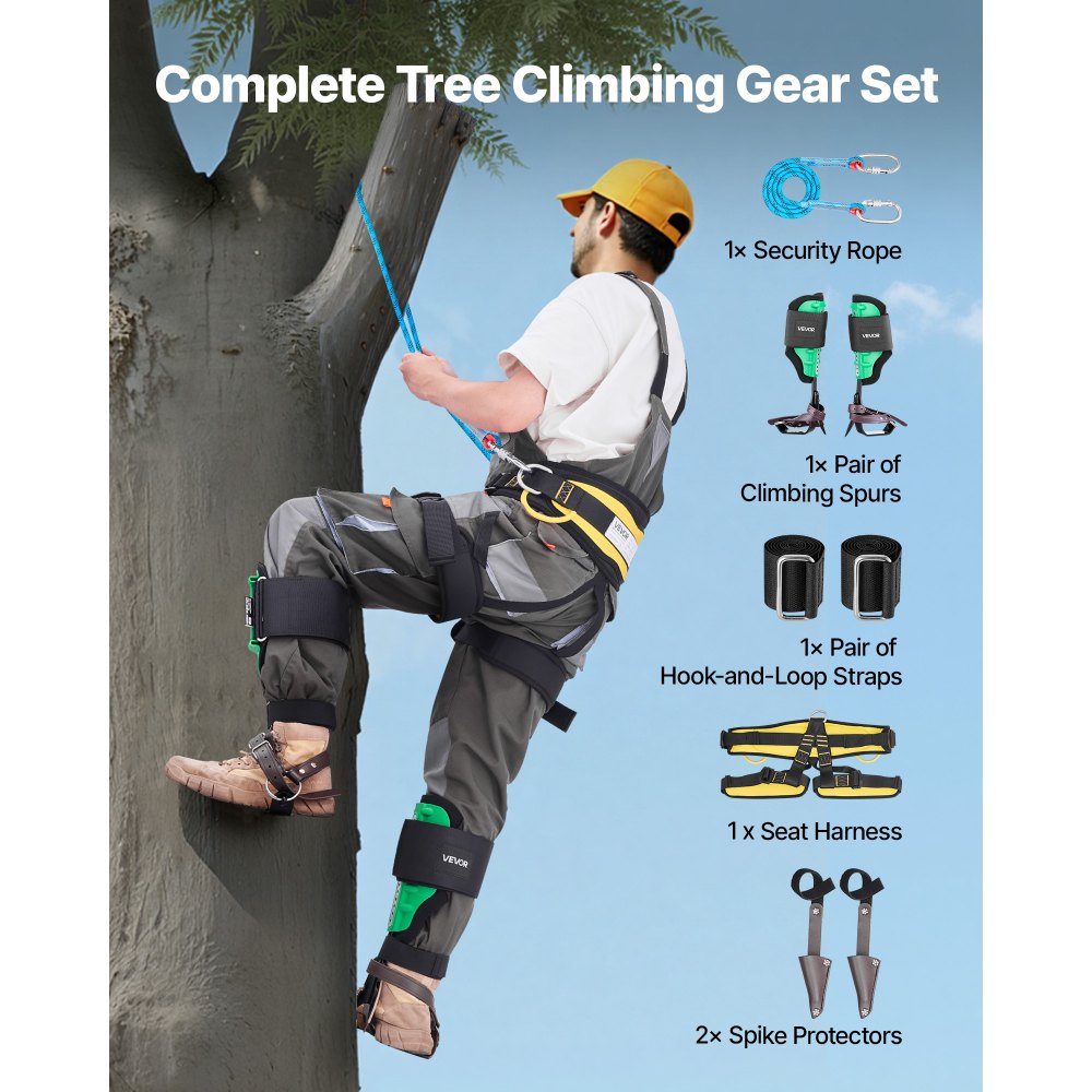 VEVOR Tree Climbing Spikes Set, Height-Adjustable Tree Climbing Gear with Straps & Spike Protectors, 350 lbs Load Capacity, Heavy Duty Steel Climb Spurs Arborist Equipment for Fruit Picking Hunting
